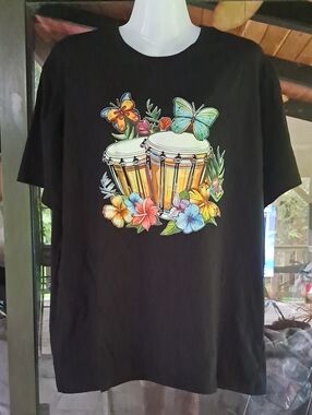 Womens Black Graphic Tee with Colorful Drums & Butterflies